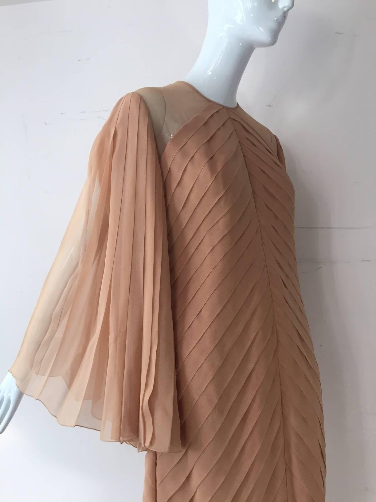 1980s Galanos Peach Blush Silk Chiffon Pleated Dress w/ Fan Sleeves 2