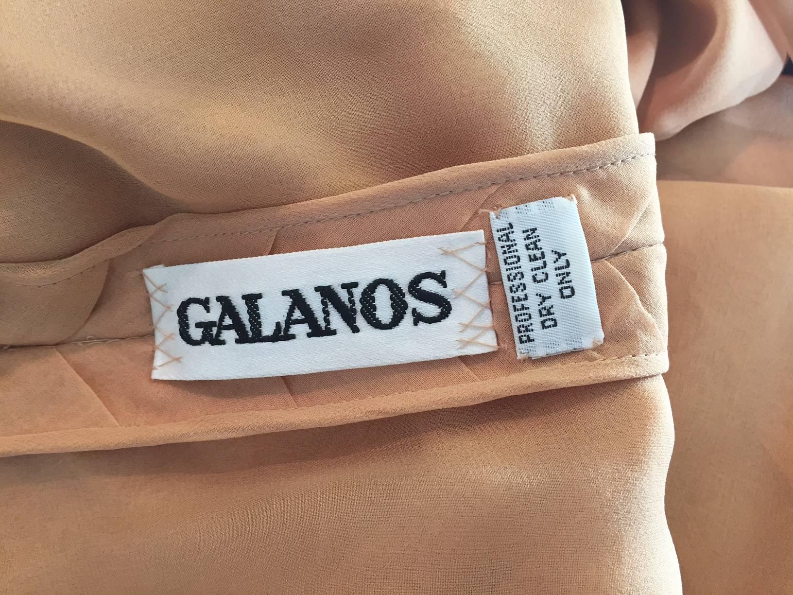 1980s Galanos Peach Blush Silk Chiffon Pleated Dress w/ Fan Sleeves 3