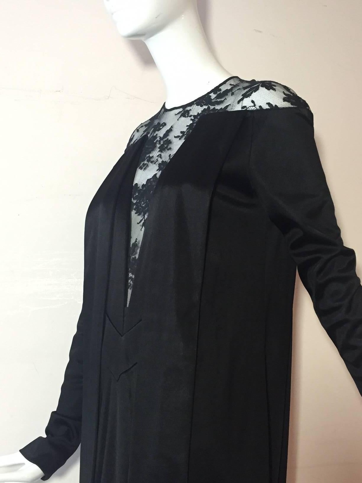 Women's Balenciaga Pleated Black Silk Satin w/ Lace Shoulders and Plunging Décolletage 