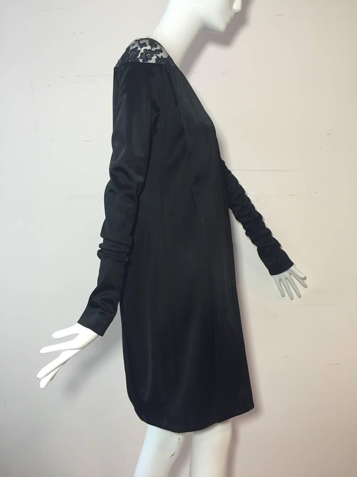 Balenciaga Pleated Black Silk Satin w/ Lace Shoulders and Plunging Décolletage  1