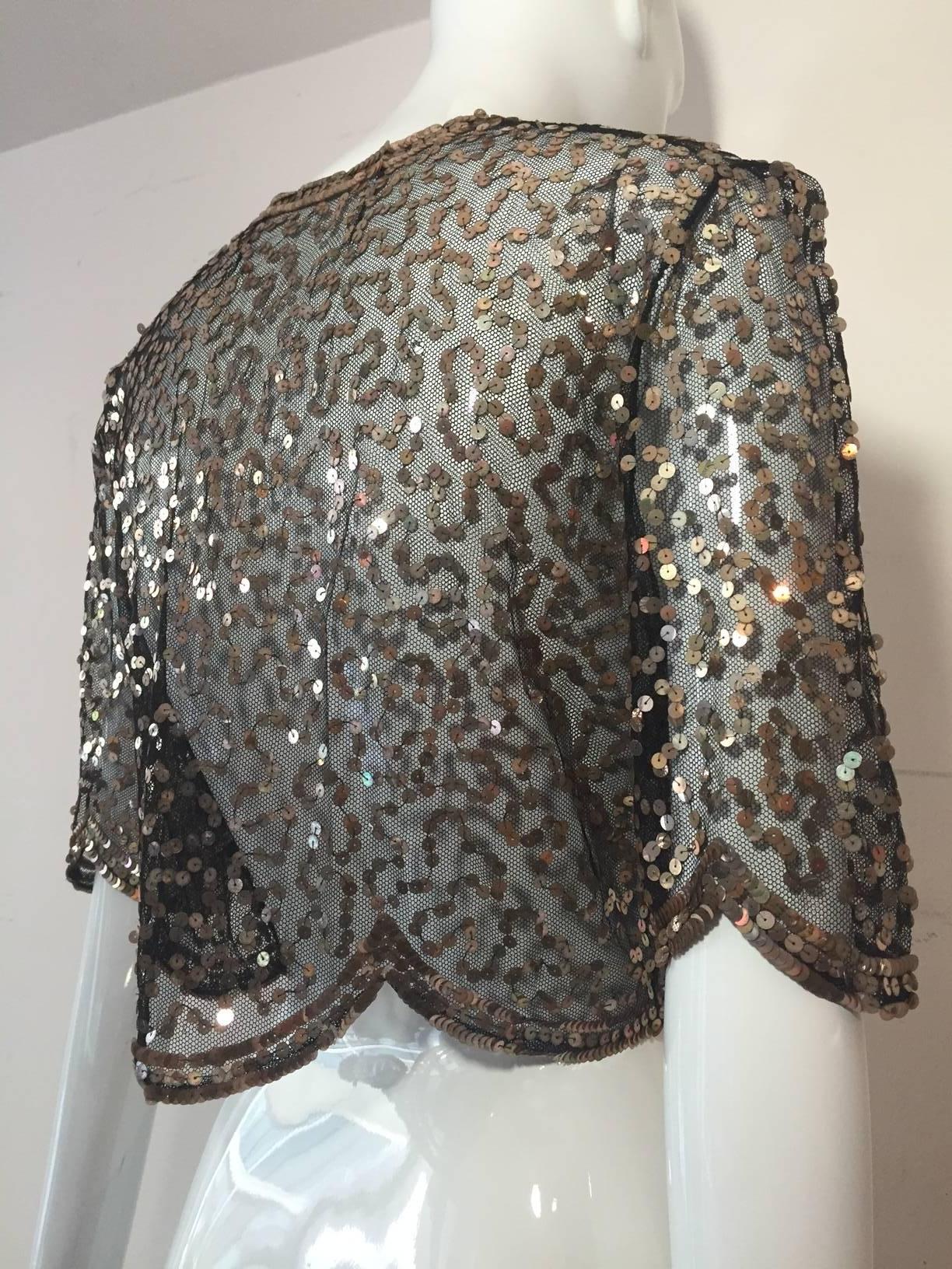 Gray 1930s Silk Tulle and Gold Sequin Bolero Jacket Made in France