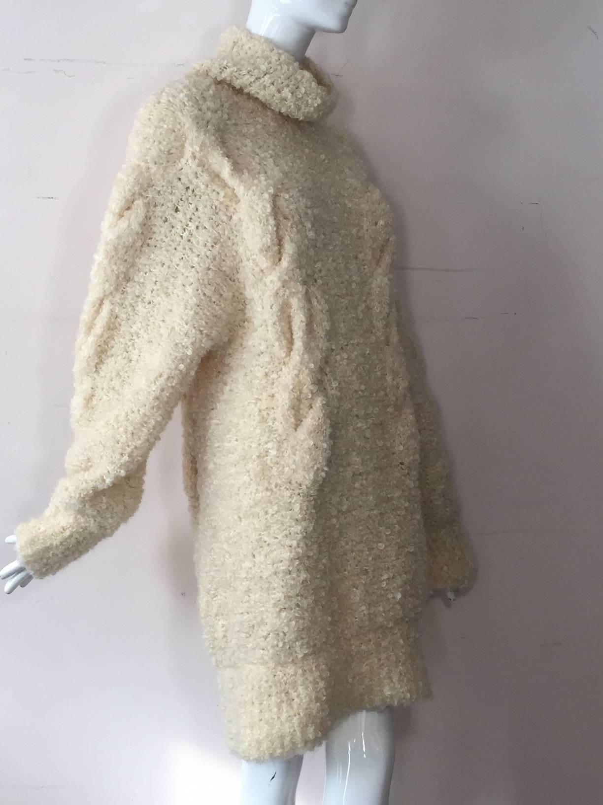 Women's 1990s Audrey Daniels Boucle Cable Knit Sweater Dress in Ivory Wool