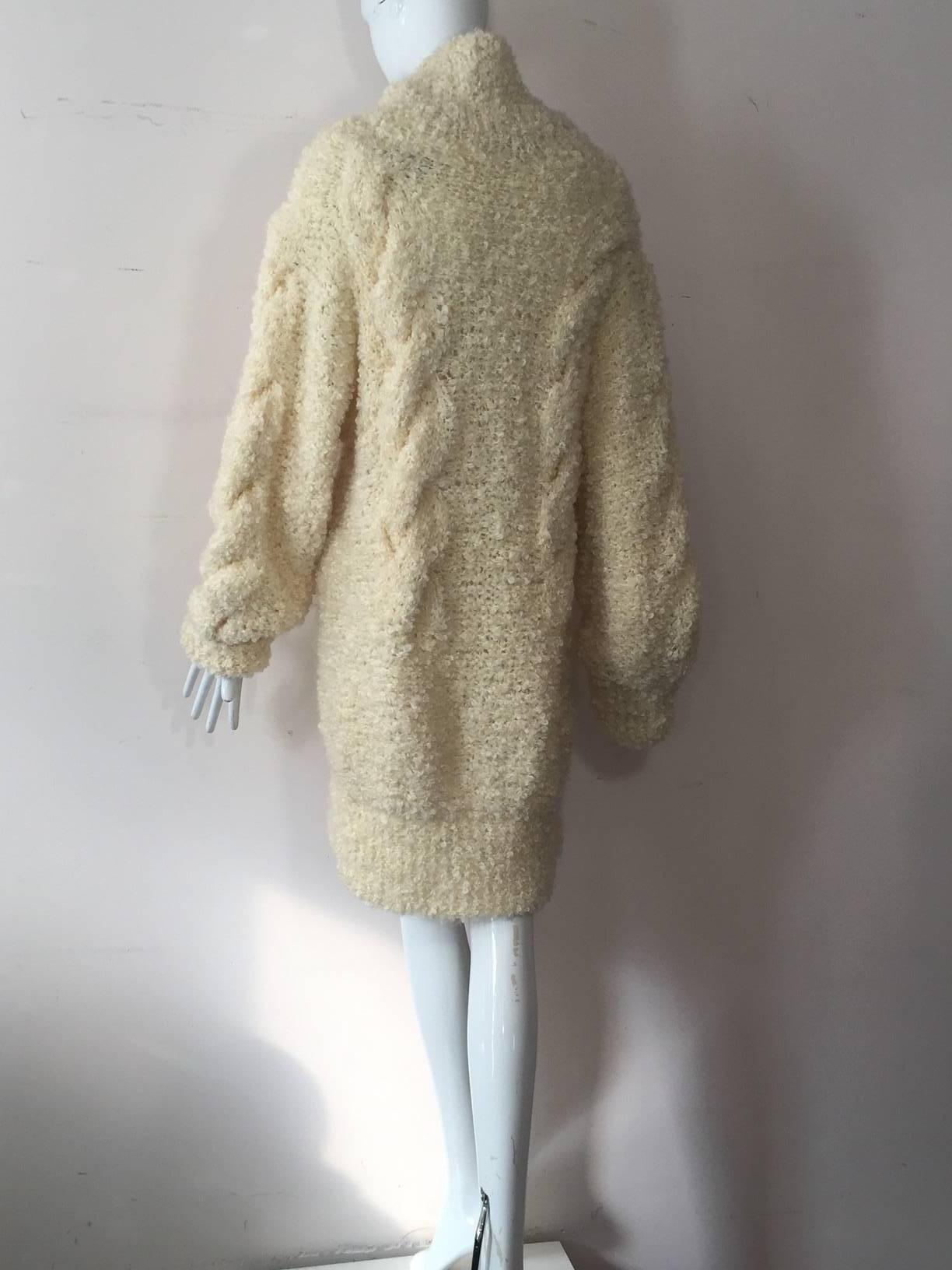 Beige 1990s Audrey Daniels Boucle Cable Knit Sweater Dress in Ivory Wool