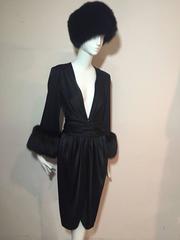 1980s Bill Blass Silk Charmeuse Plunging Wrap Dress w/ Fox Fur Cuffs and Hat