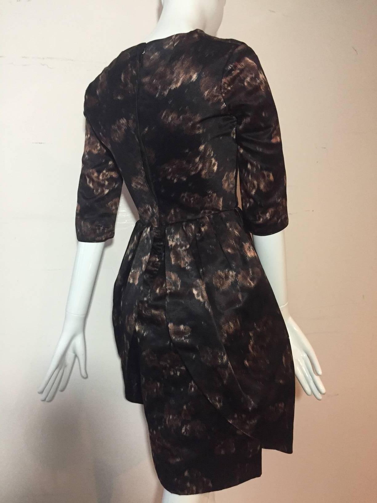 1950s Brown Black and Taupe Silk Floral Party Dress w/ Overskirt In Excellent Condition In Gresham, OR