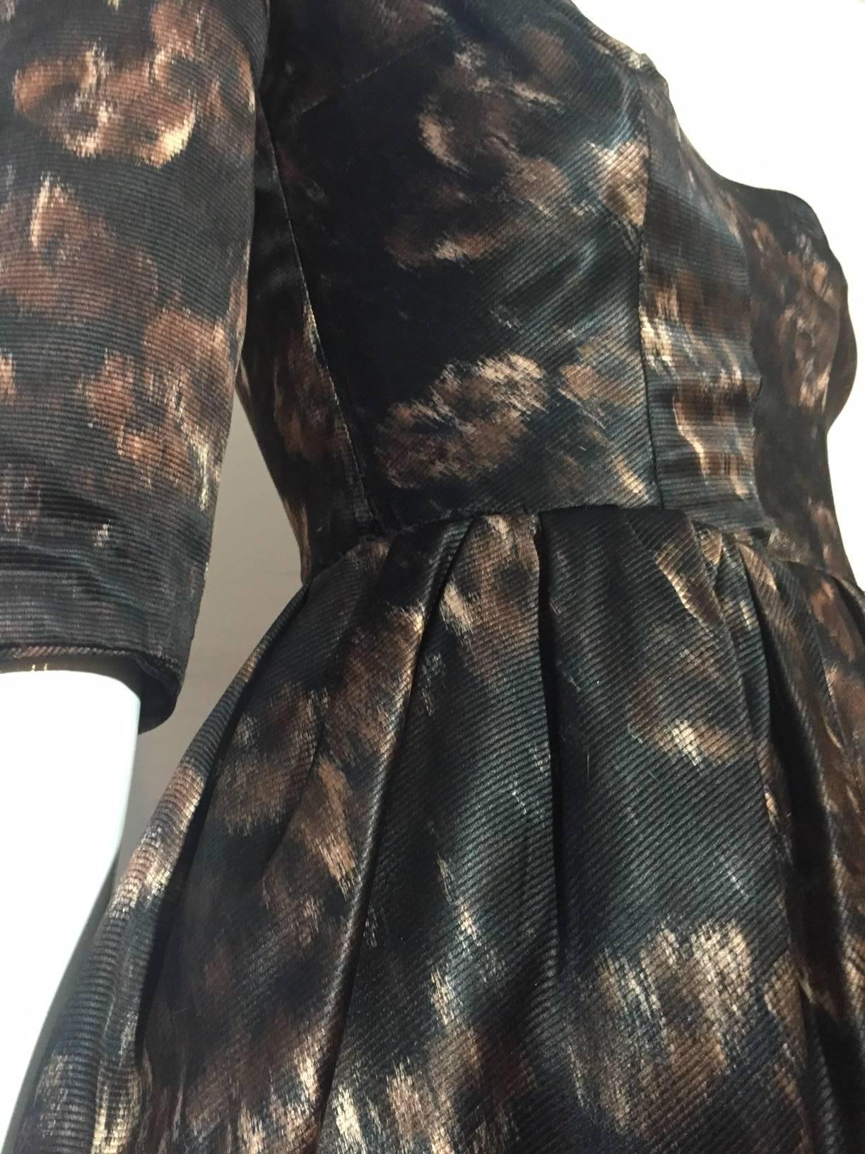 1950s Brown Black and Taupe Silk Floral Party Dress w/ Overskirt 2
