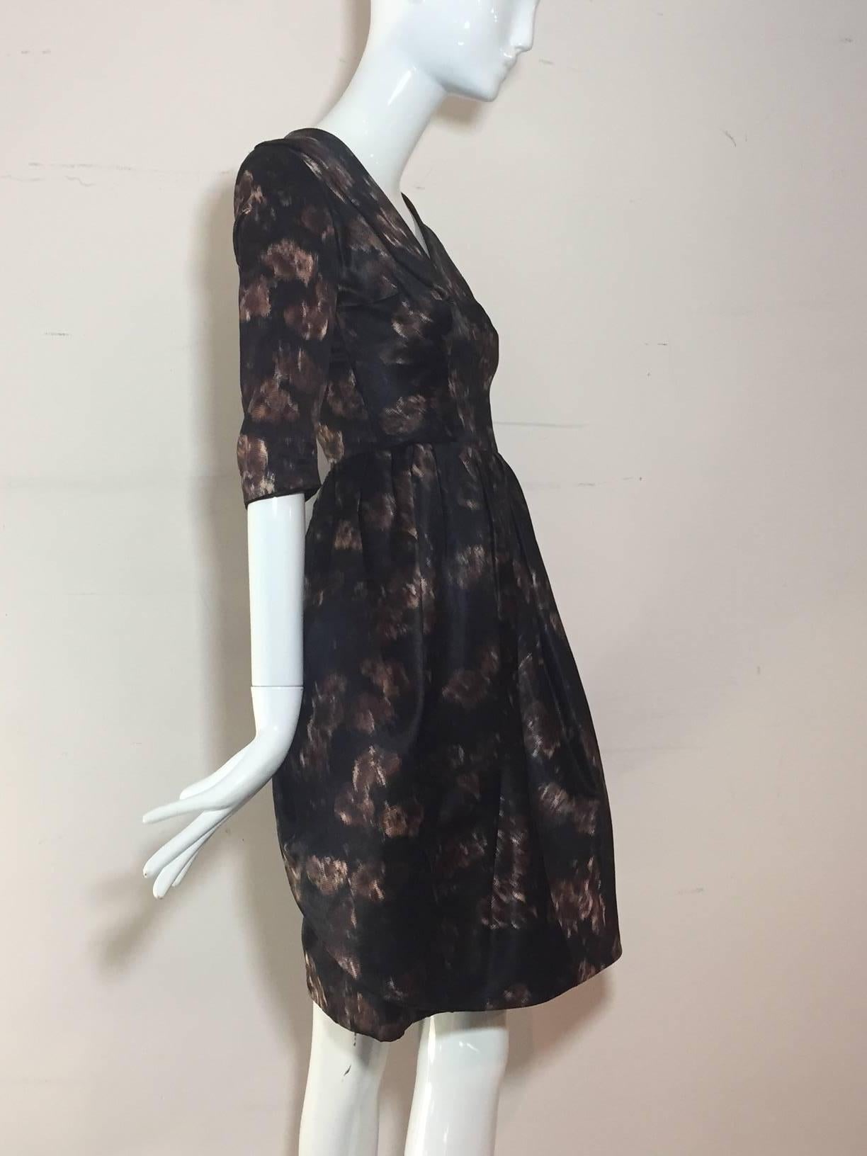 1950s Brown Black and Taupe Silk Floral Party Dress w/ Overskirt 1