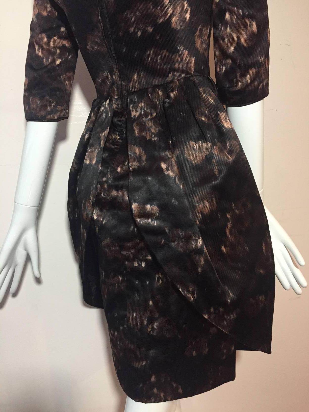 Women's 1950s Brown Black and Taupe Silk Floral Party Dress w/ Overskirt
