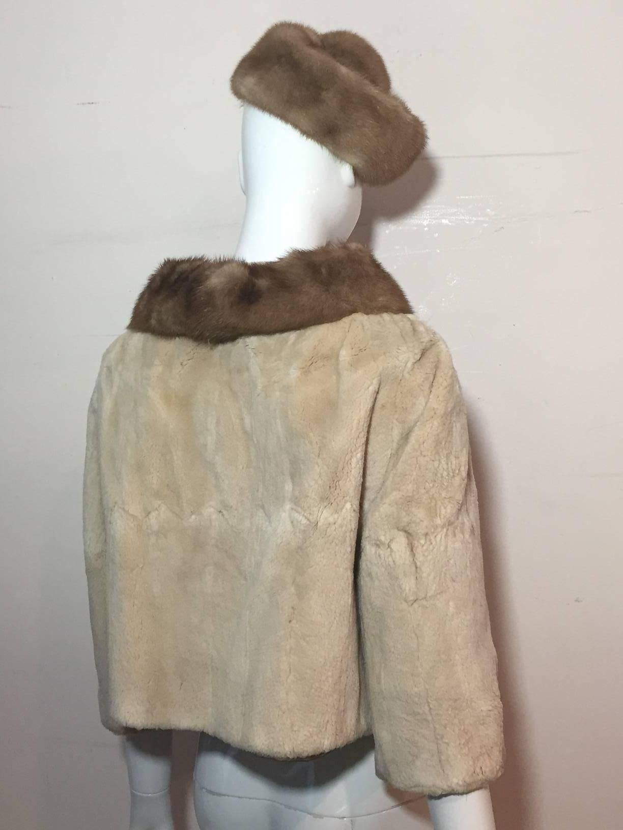 Brown 1950s Sheared Beaver Fur Jacket with Mink Collar and Hat