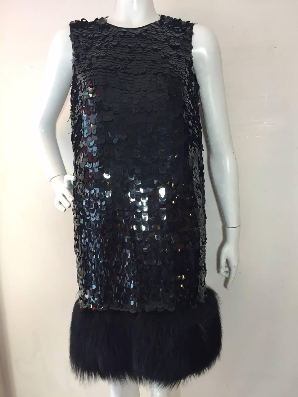Women's Norman Ambrose Black Paillette Cocktail Shift Dress w/ Fox Trimmed Hem