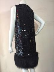 Norman Ambrose Black Paillette Cocktail Shift Dress w/ Fox Trimmed Hem