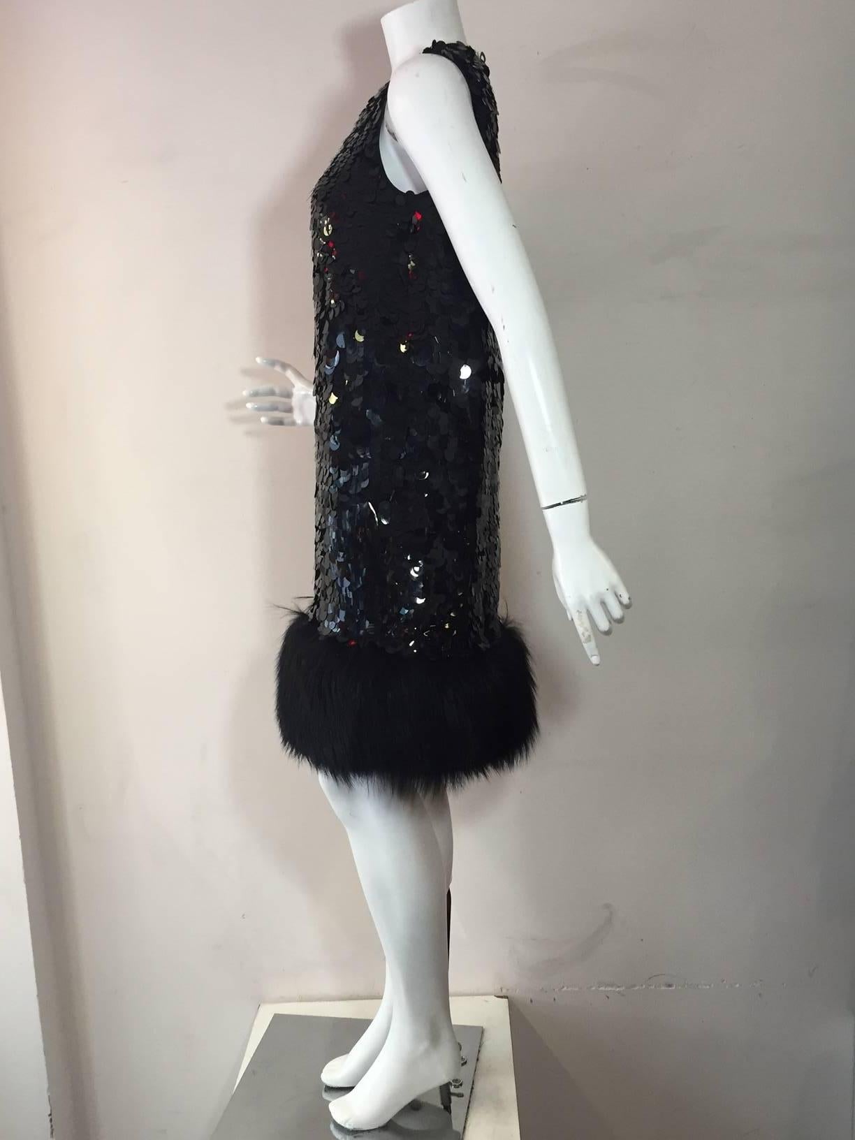 Norman Ambrose Black Paillette Cocktail Shift Dress w/ Fox Trimmed Hem In Excellent Condition In Gresham, OR