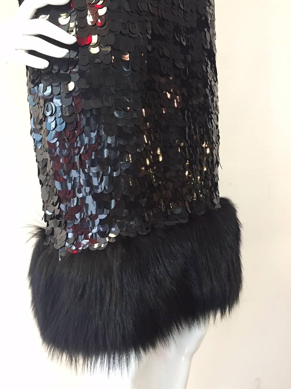 Norman Ambrose Black Paillette Cocktail Shift Dress w/ Fox Trimmed Hem 2
