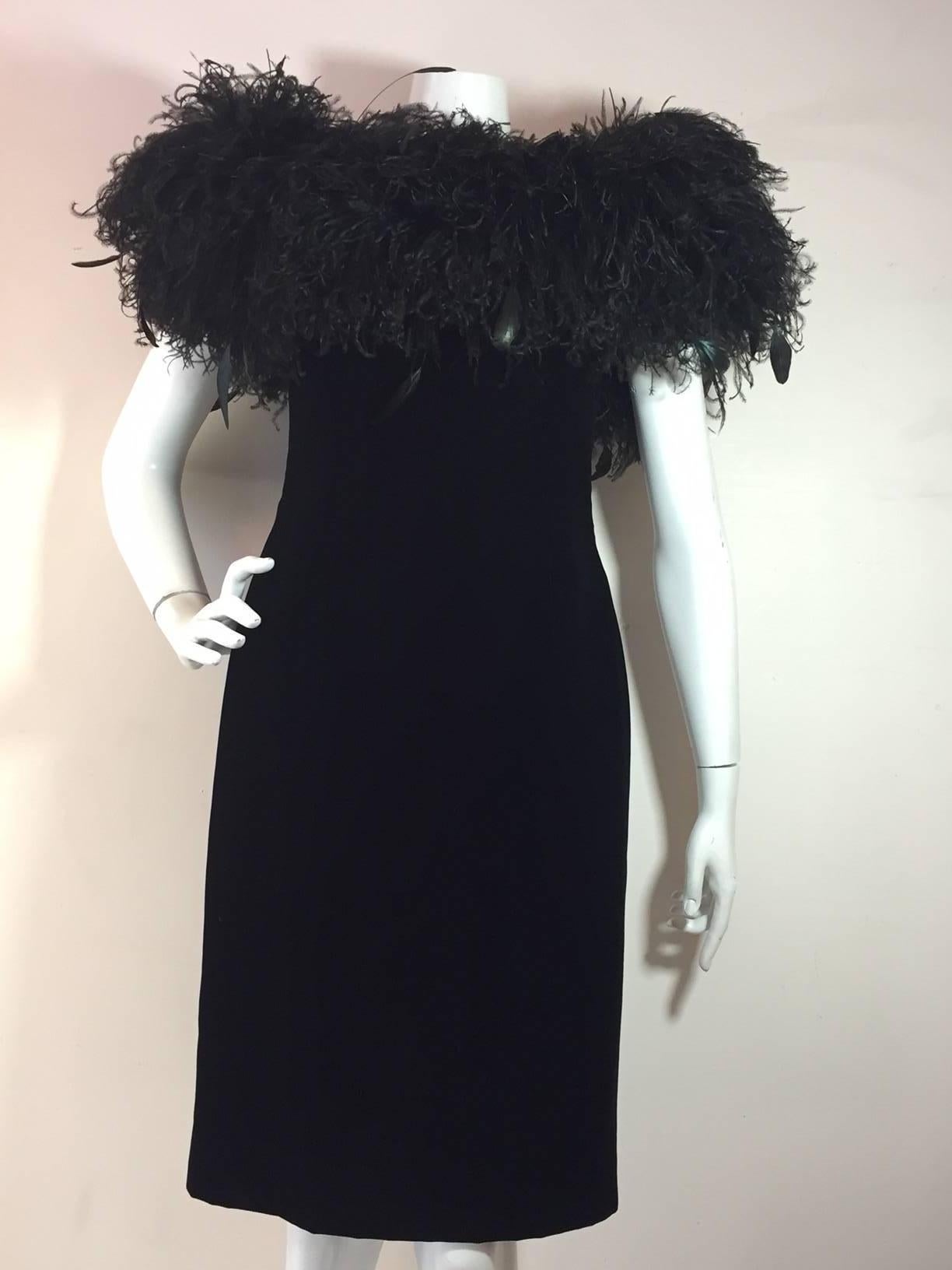 Women's 1980s Victor Costa Strapless Black Velvet Cocktail Dress w/ Extravagant Feathers