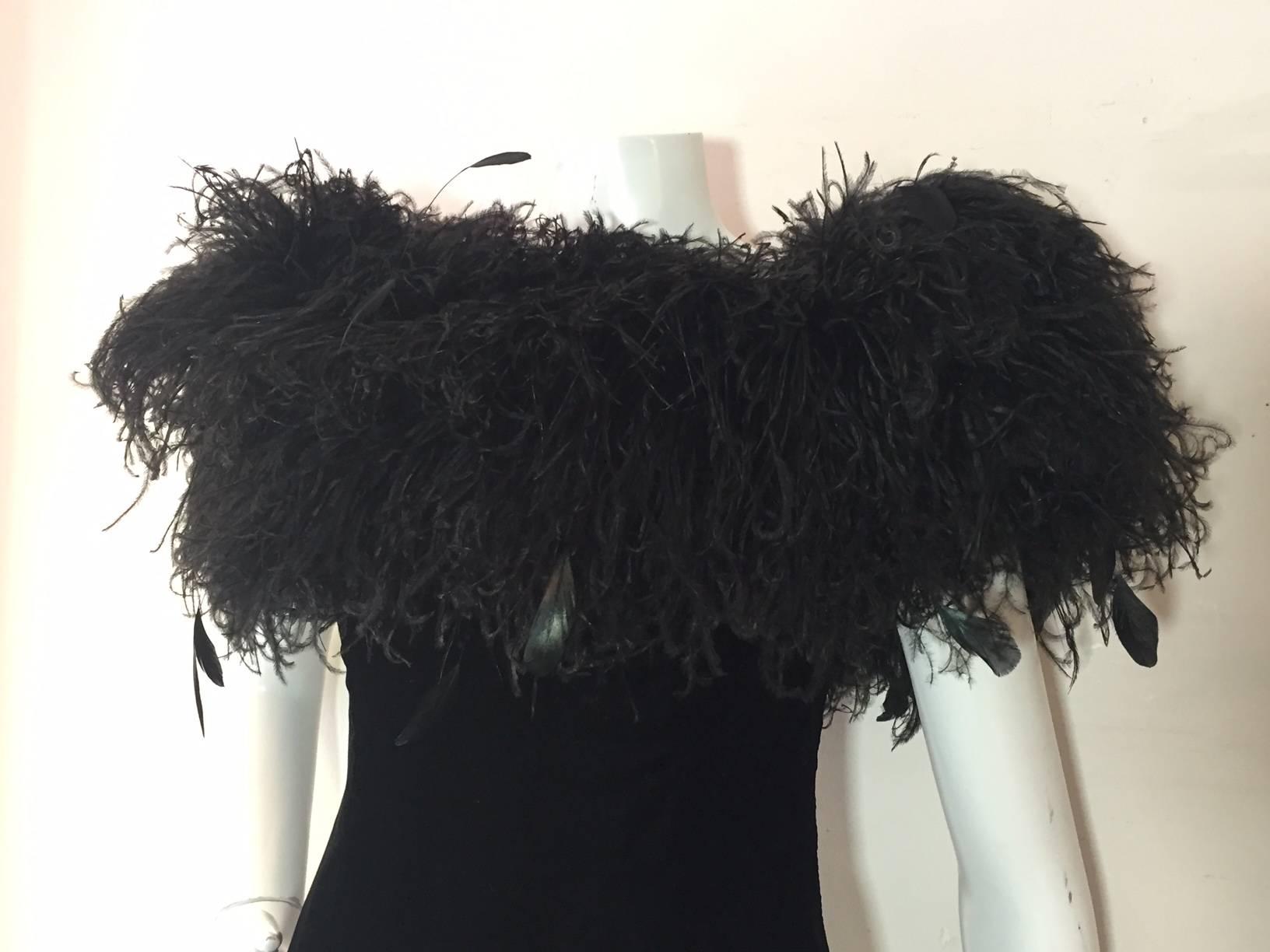 1980s Victor Costa Strapless Black Velvet Cocktail Dress w/ Extravagant Feathers 2