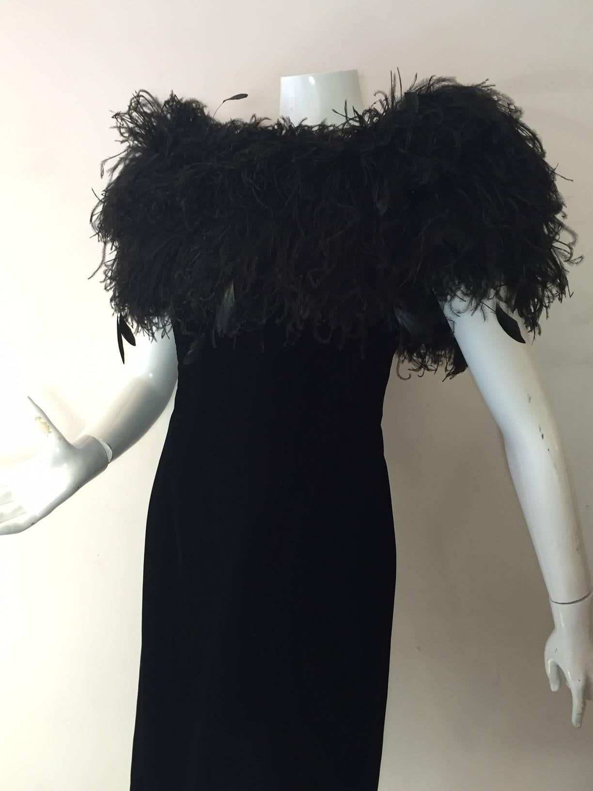 1980s Victor Costa Strapless Black Velvet Cocktail Dress w/ Extravagant Feathers 1