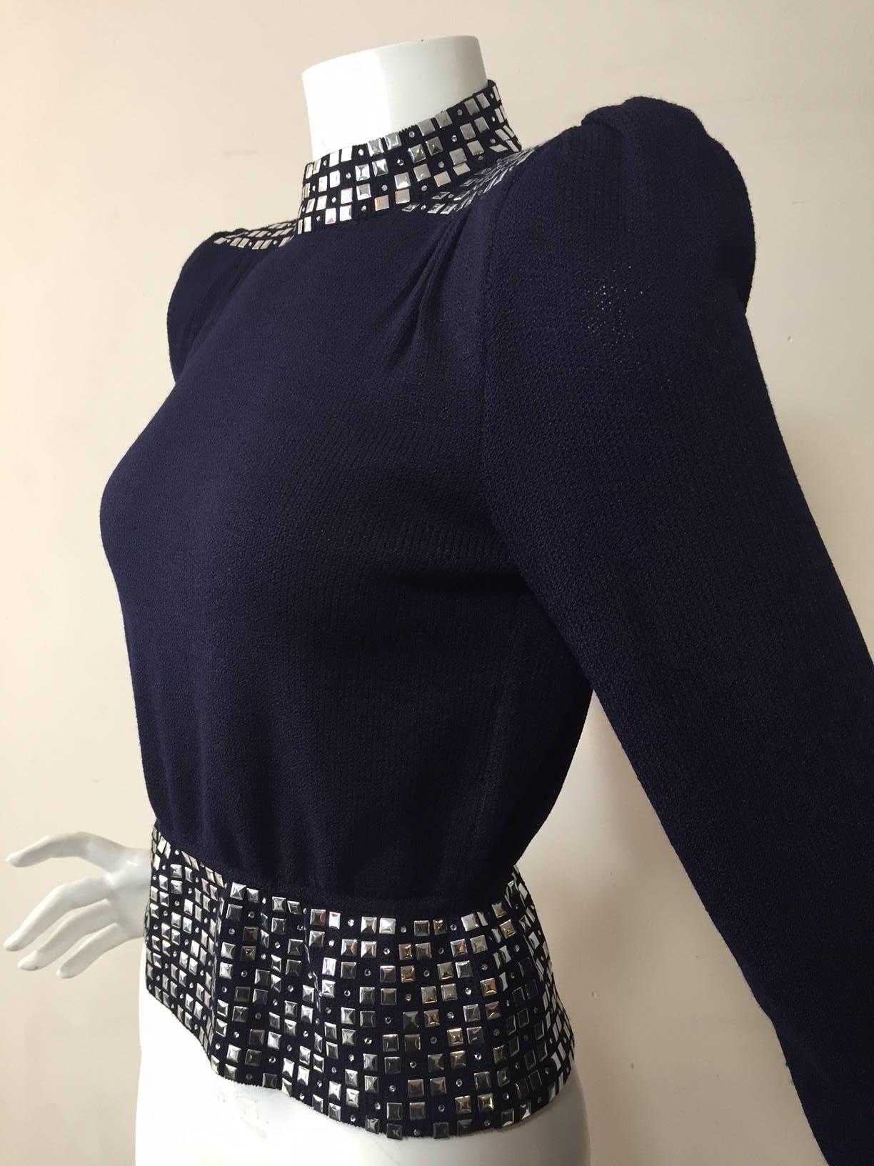 Black 1970s St. John Evening Midnight Blue Rayon Knit Top with Silver Studs