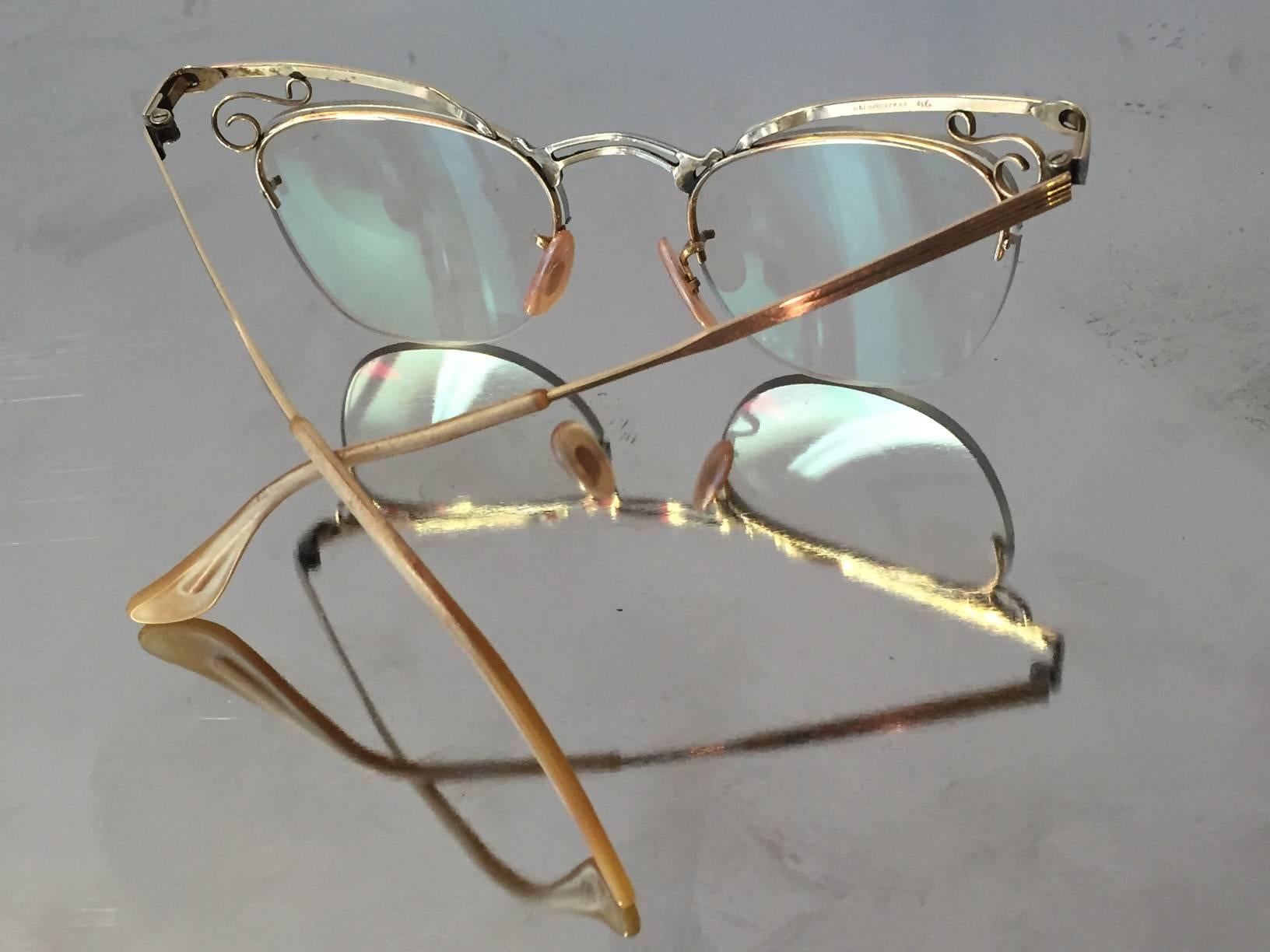 1950s Delicate Gold Filled Cat-Eye Eyeglass Frames w/ Lens In Excellent Condition In Gresham, OR