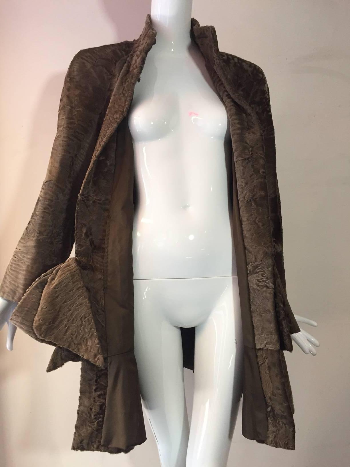 1980s James Galanos Taupe Swakara Drop-Waist Style Coat w/ Large Bow In Excellent Condition In Gresham, OR