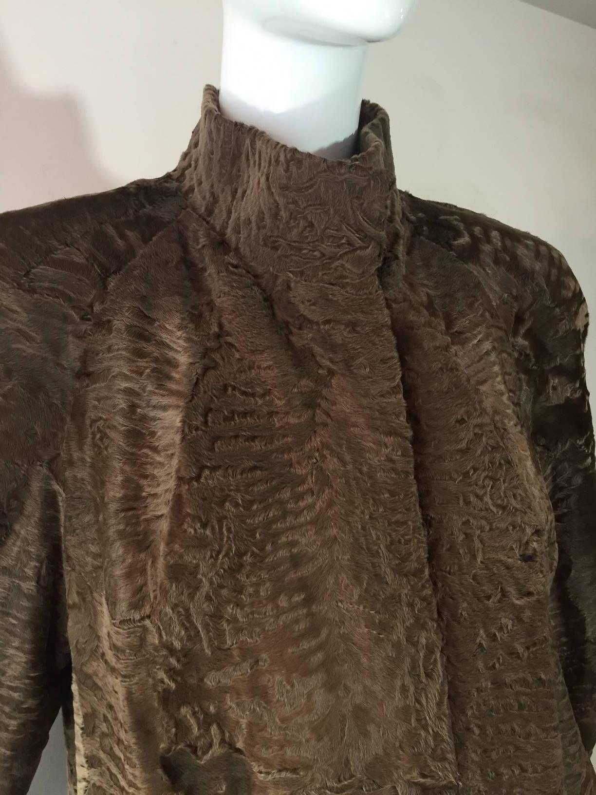 Women's 1980s James Galanos Taupe Swakara Drop-Waist Style Coat w/ Large Bow