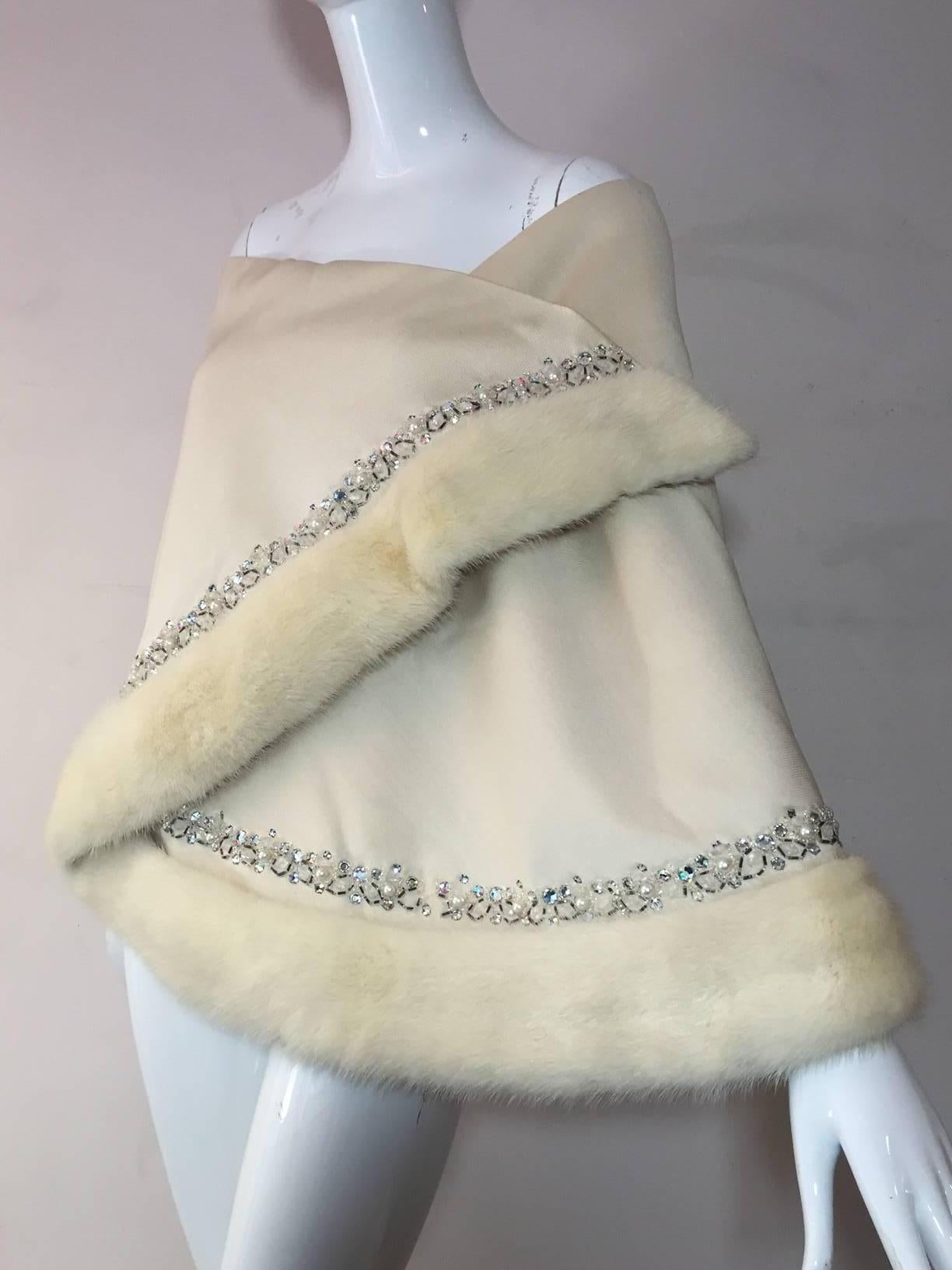 Beige 1950s Winter White Silk Faille Asymmetrical Wrap w/ Mink and Jewel Trim 