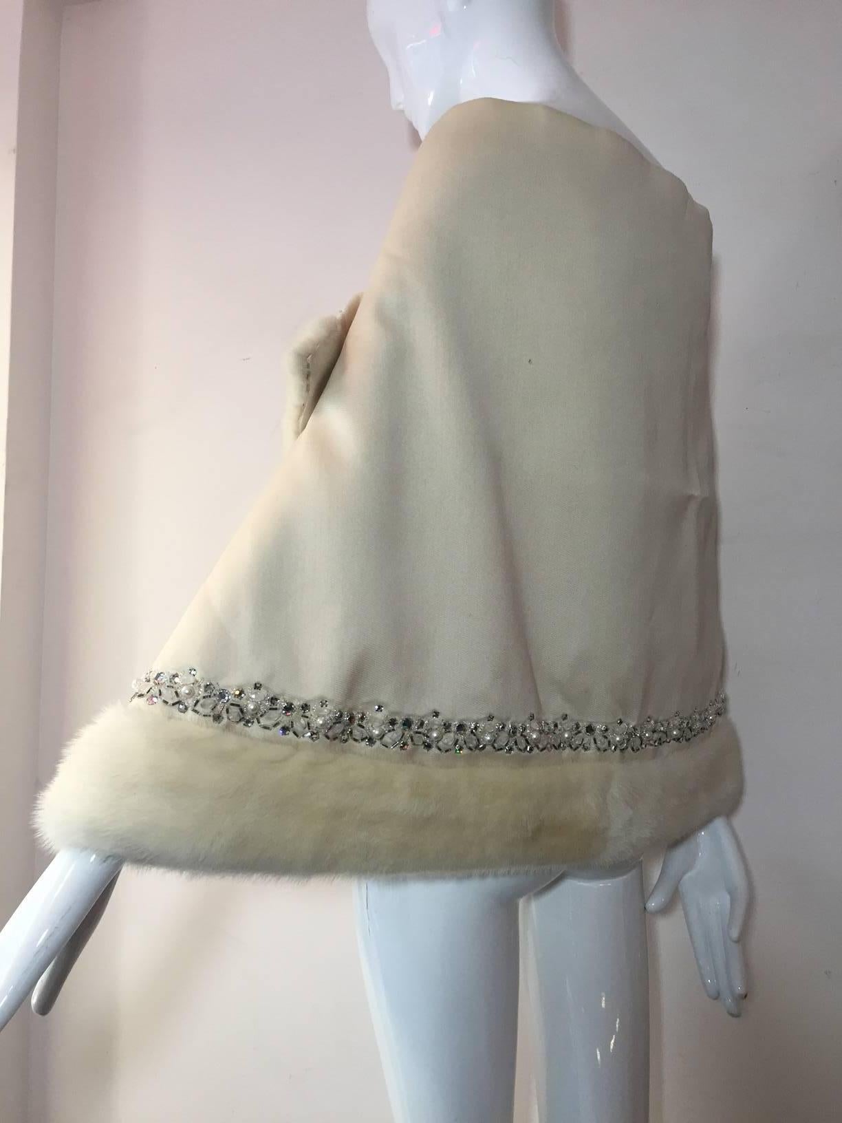 Women's 1950s Winter White Silk Faille Asymmetrical Wrap w/ Mink and Jewel Trim 