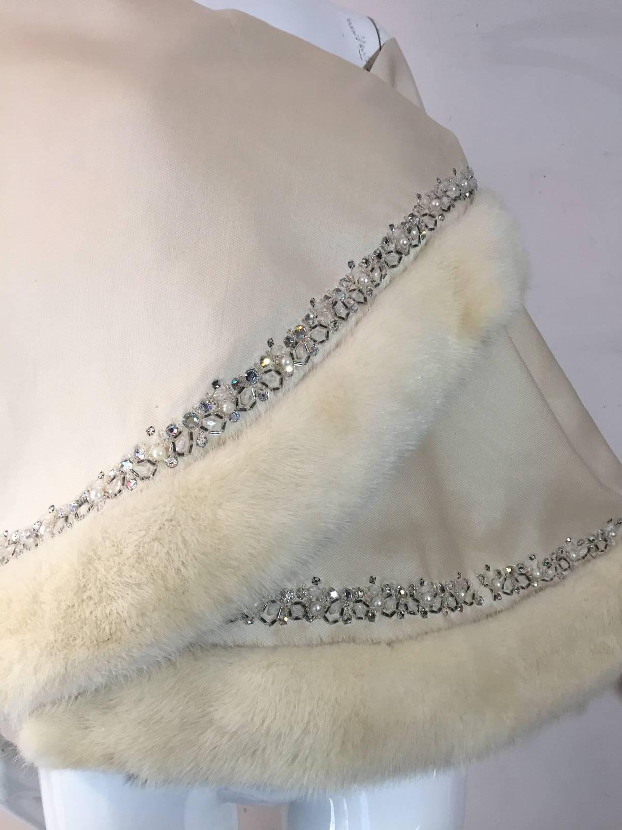 1950s Winter White Silk Faille Asymmetrical Wrap w/ Mink and Jewel Trim  2