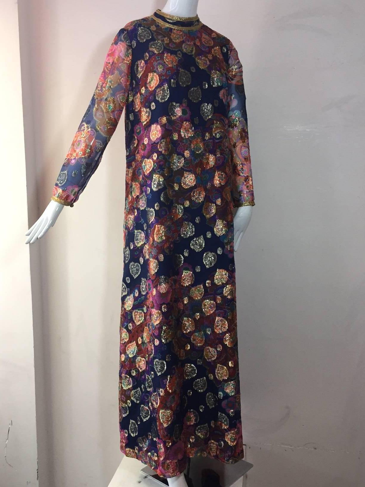 1960s Saks Fifth Avenue Kaleidoscopic Lame Hostess Gown In Excellent Condition In Gresham, OR