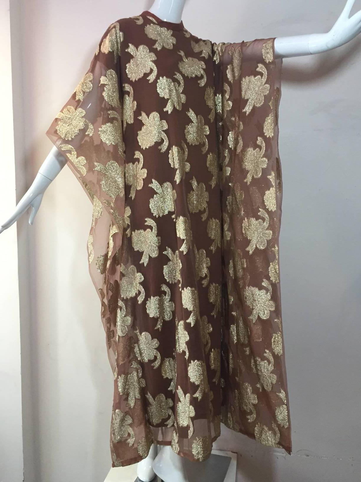 A gorgeous 1960s Bullocks Wilshire gold and cappuccino lurex lame caftan.  Banded neck and fully lined underdress. Back zip. 
