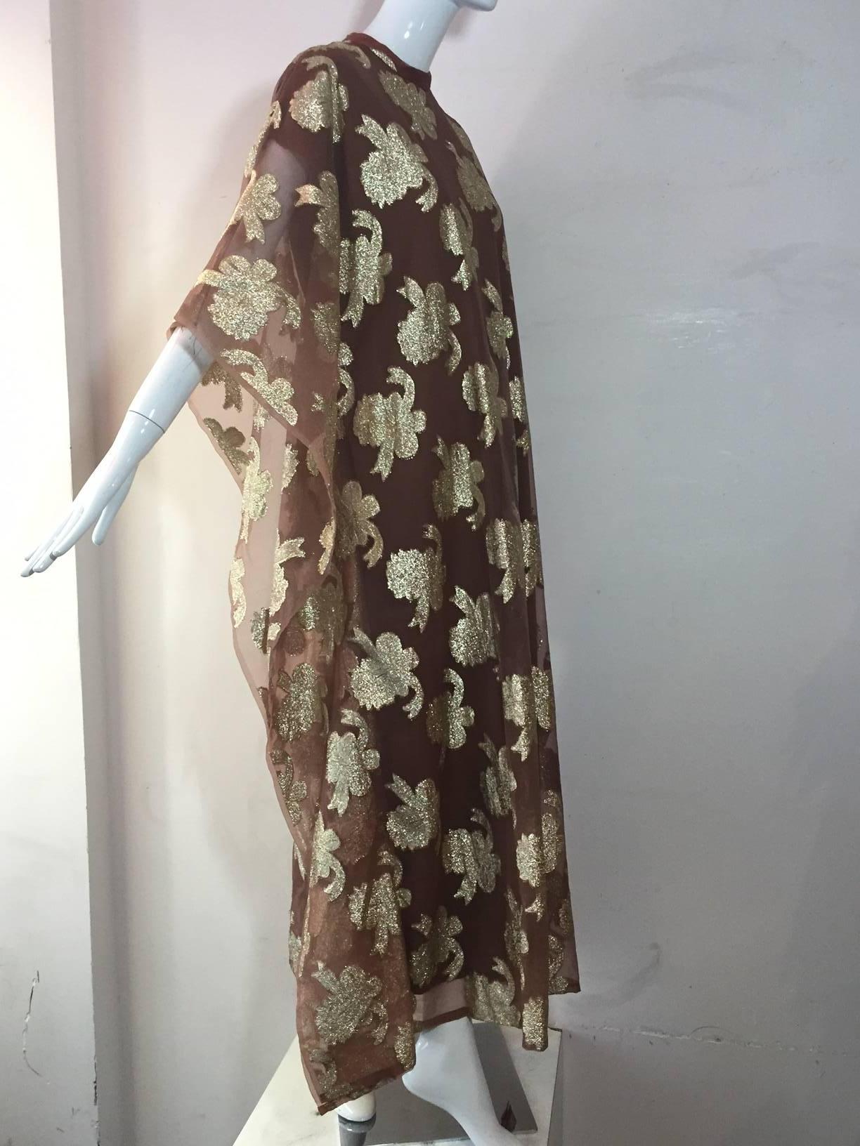 1960s Gold and Cappuccino Lame Caftan w/ Underlining   In Excellent Condition In Gresham, OR
