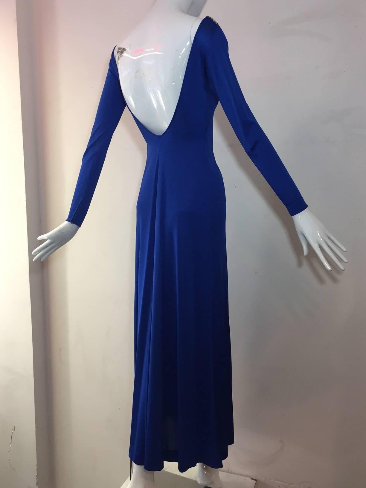 Purple 1970s Loris Azzaro Cobalt Silk Jersey Gown with Spectacular Rhinestone Cutouts