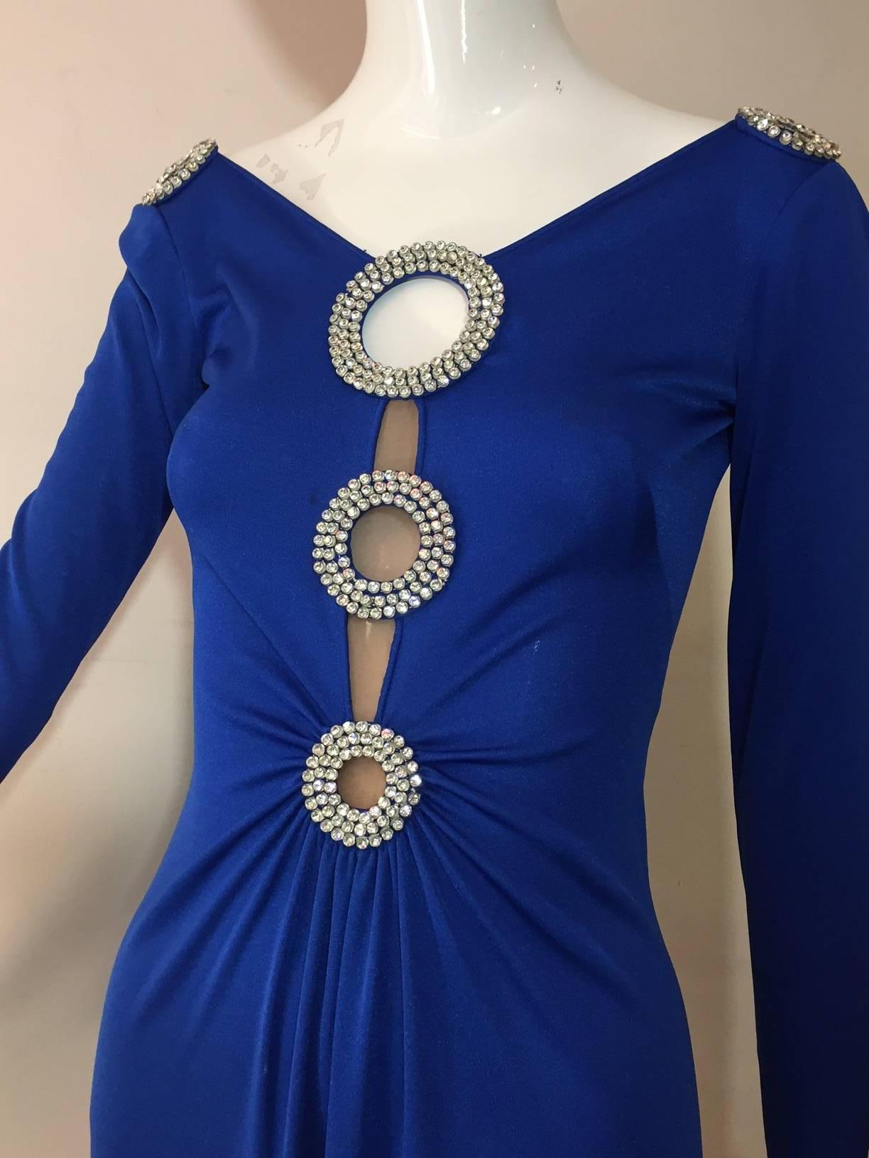 Women's 1970s Loris Azzaro Cobalt Silk Jersey Gown with Spectacular Rhinestone Cutouts