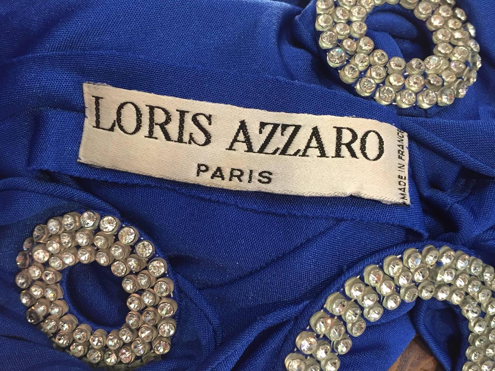 1970s Loris Azzaro Cobalt Silk Jersey Gown with Spectacular Rhinestone Cutouts 4