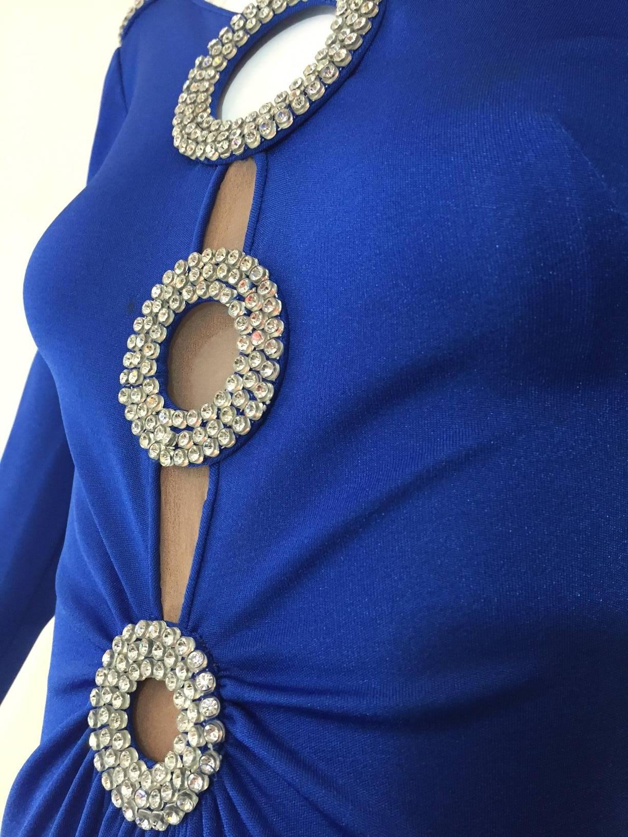 1970s Loris Azzaro Cobalt Silk Jersey Gown with Spectacular Rhinestone Cutouts 3