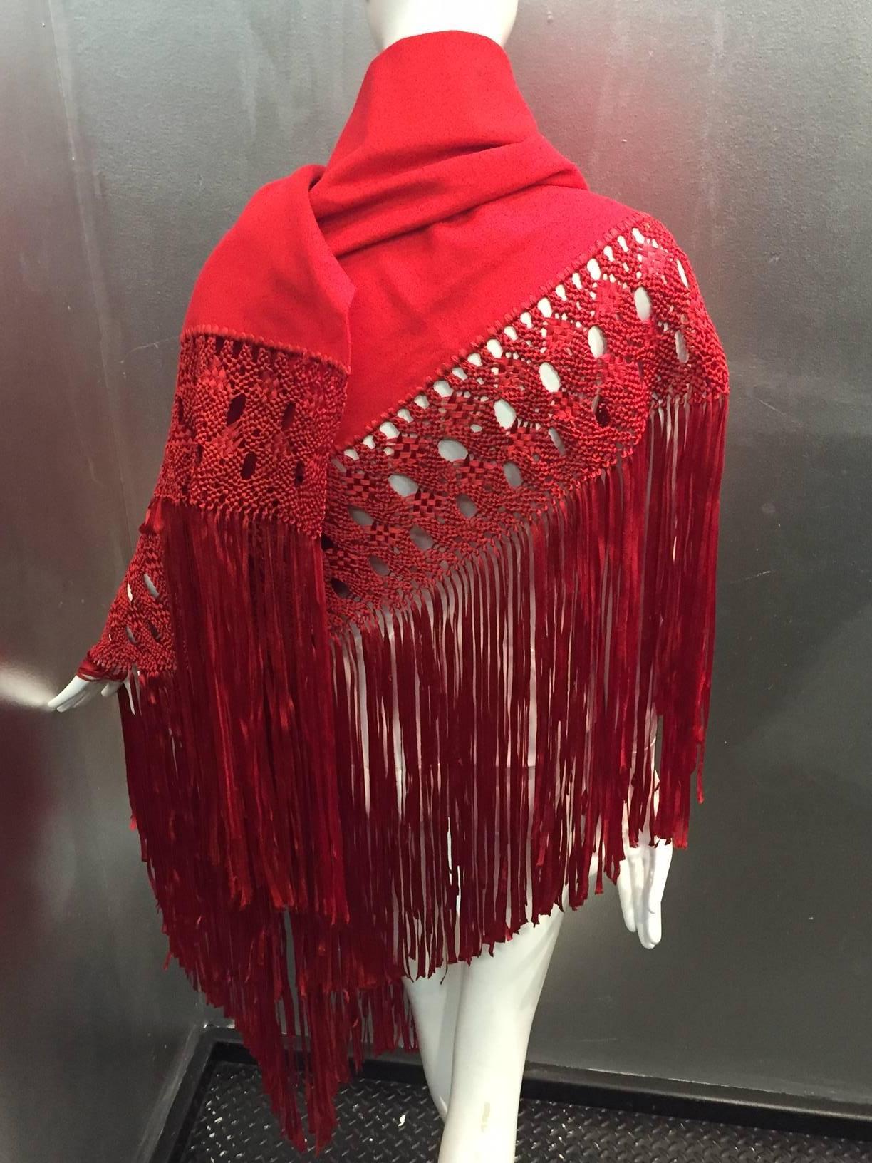 1970s Stunning Wool and Ribbon Cardinal Red Macrame Fringed Shawl 3