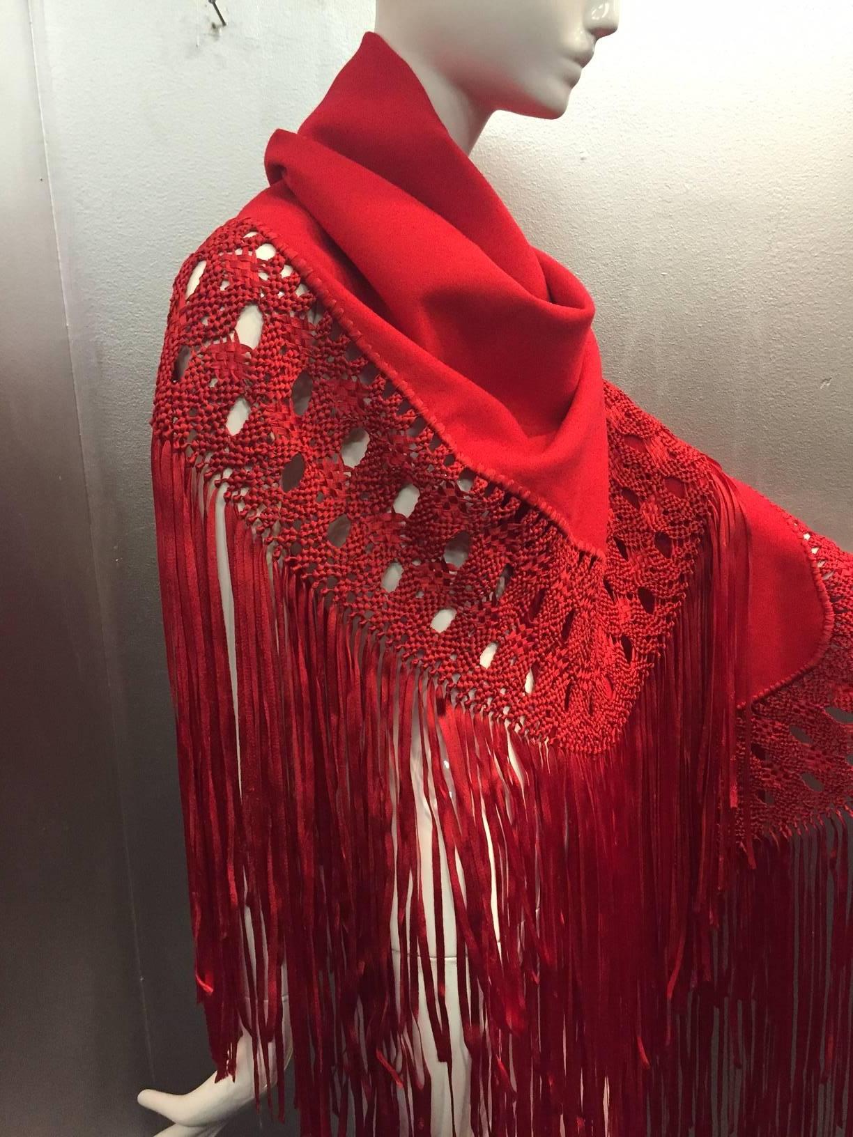 Women's or Men's 1970s Stunning Wool and Ribbon Cardinal Red Macrame Fringed Shawl