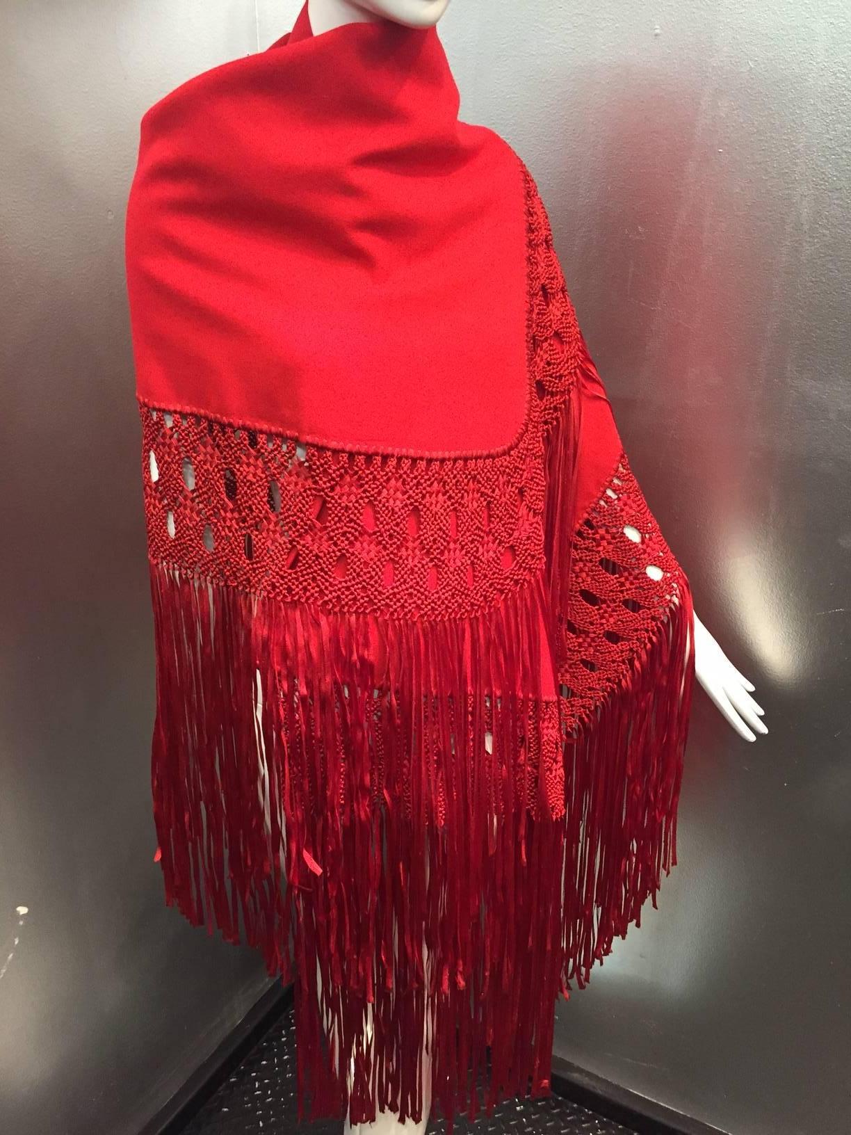 1970s Stunning Wool and Ribbon Cardinal Red Macrame Fringed Shawl 1