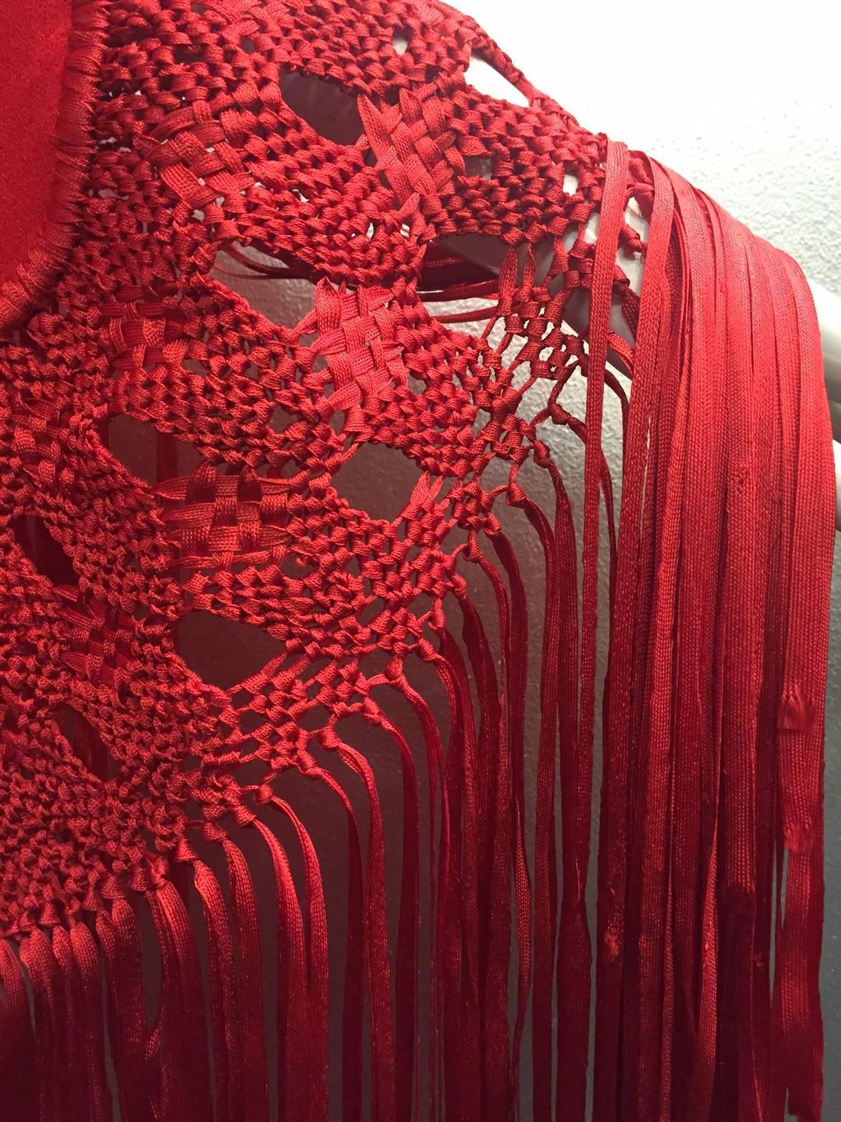 1970s Stunning Wool and Ribbon Cardinal Red Macrame Fringed Shawl 2
