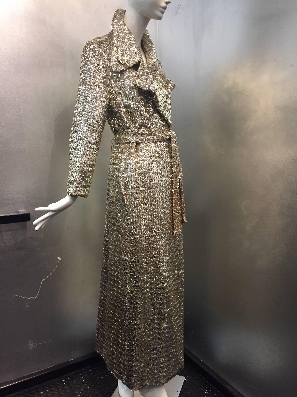 1960s Silver Sequin Trench Coat Maxi Length w/ Belt In Excellent Condition In Gresham, OR