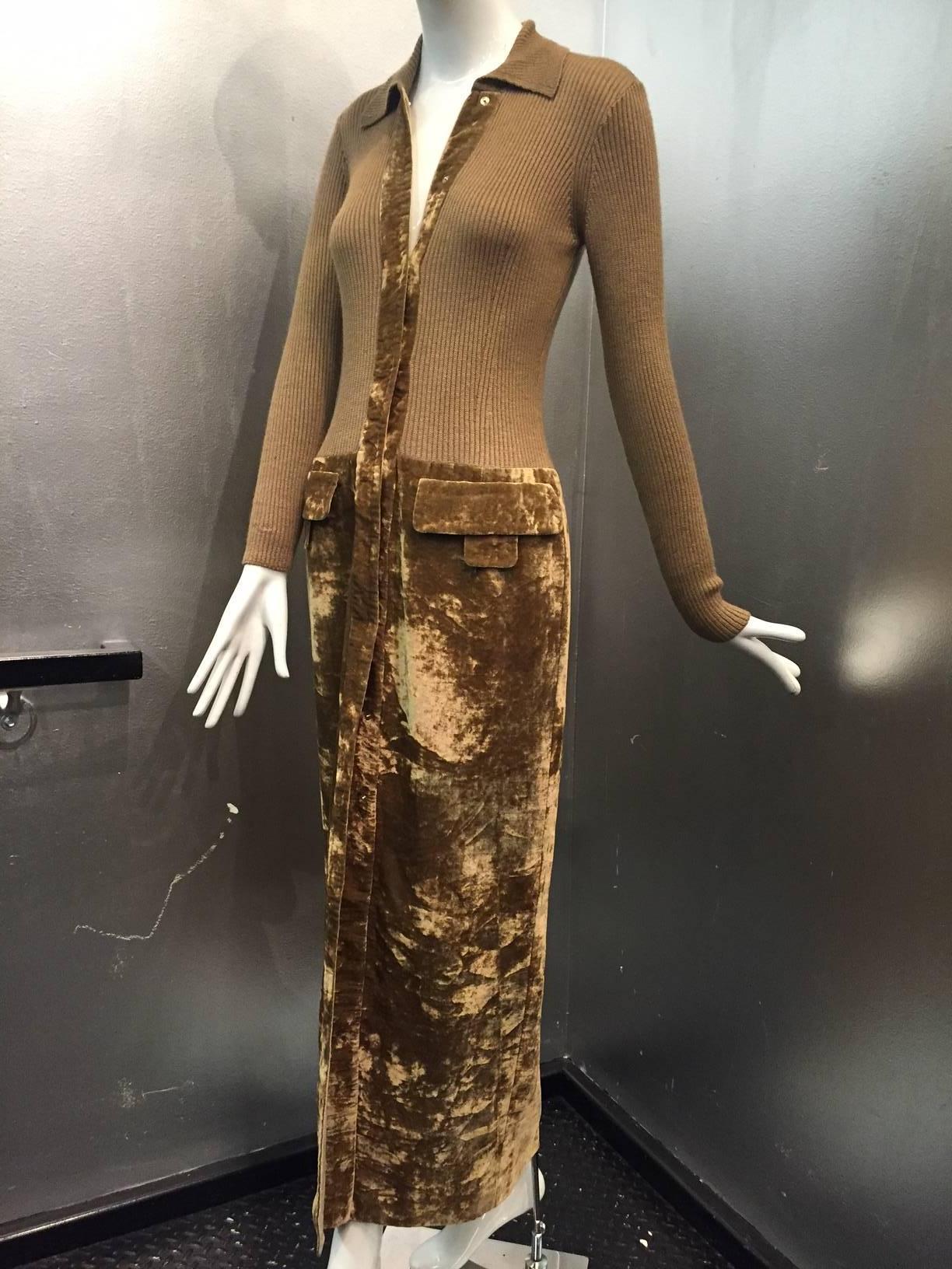 Women's 1990s Gianfranco Ferre Knit and Velvet Dropped-Waist Maxi Dress
