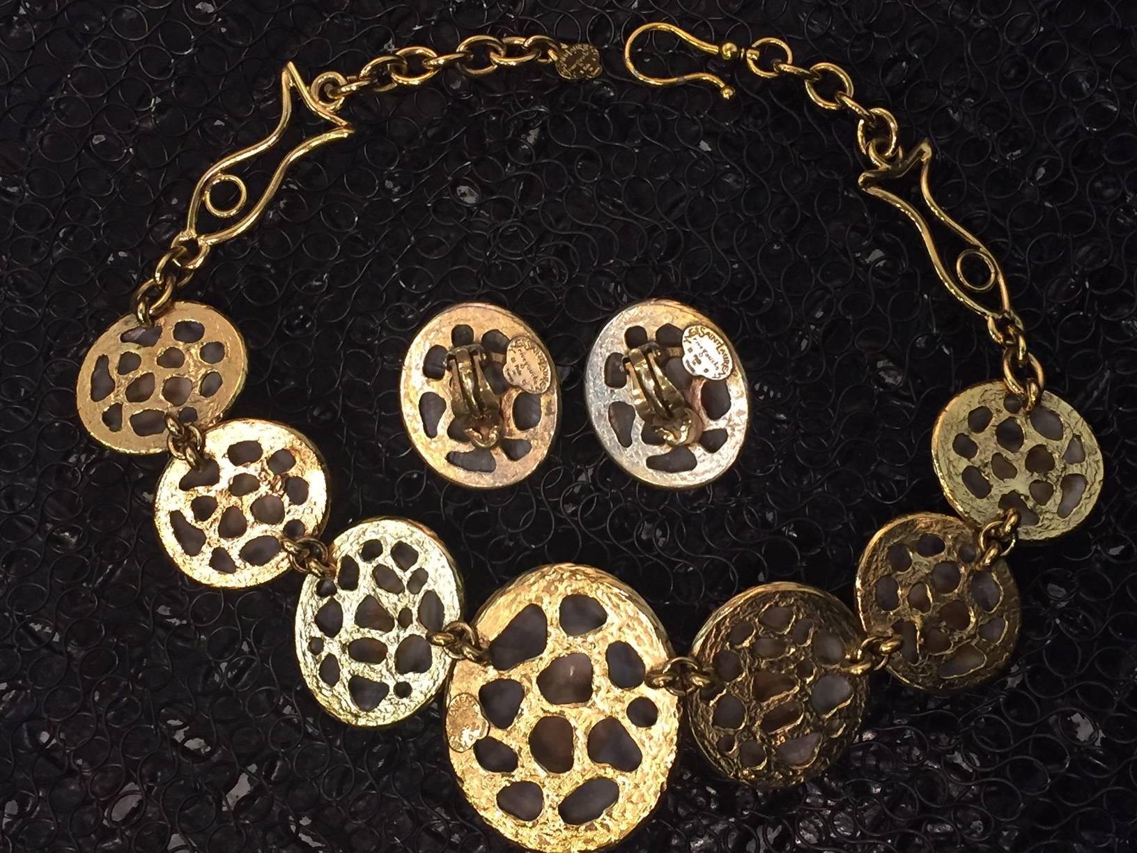 Yves Saint Laurent Rive Gauche Leopard Mollusk Shell Necklace and Earring Set In Excellent Condition For Sale In Gresham, OR