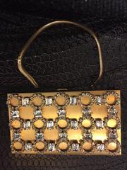 1950s Gold-Tone Rhinestone Encrusted Evening Compact with Chain Handle