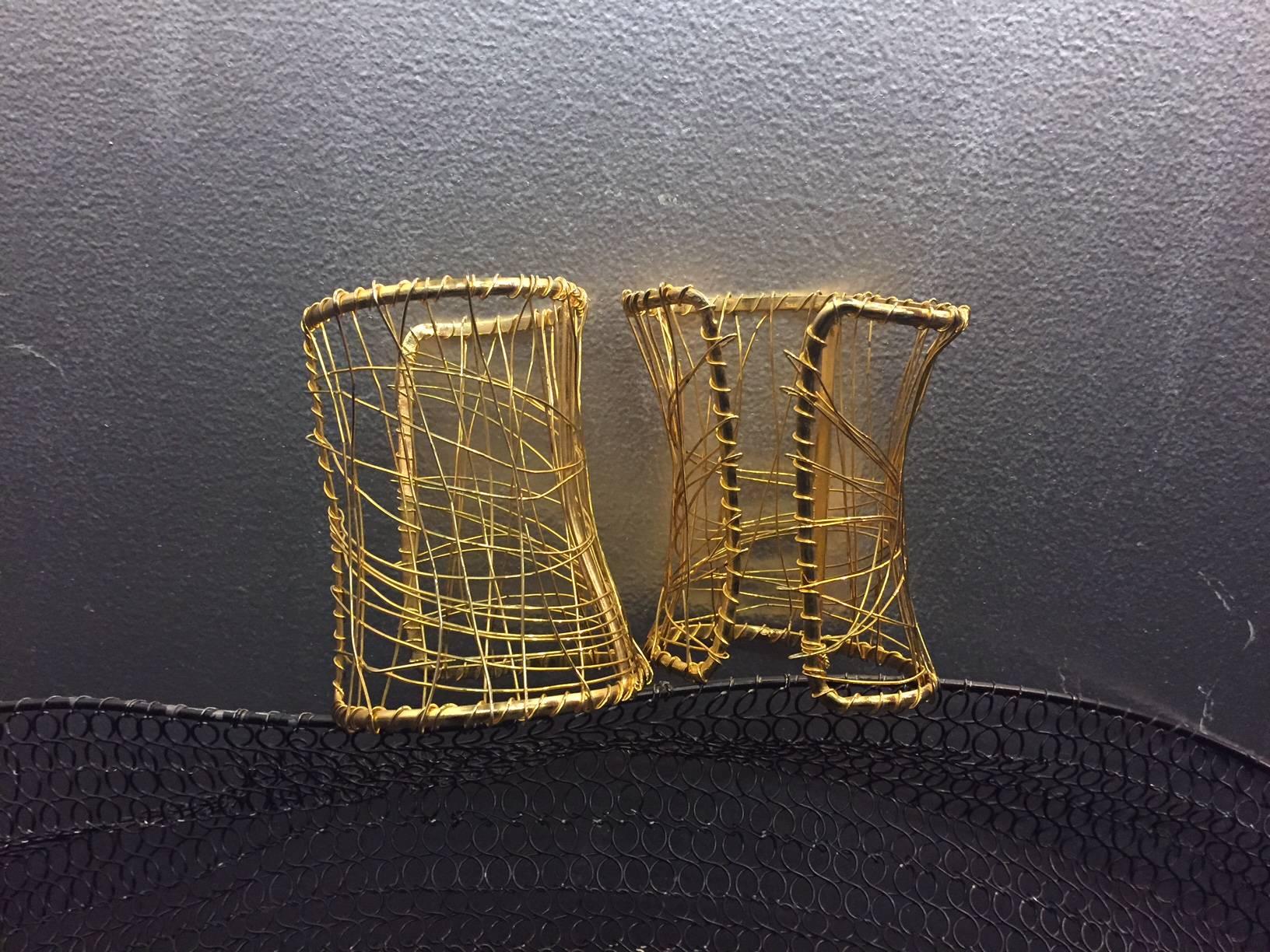 1980s Pair of Gold-Tone Wire-Wrapped Art-To-Wear Cuffs In Excellent Condition In Gresham, OR