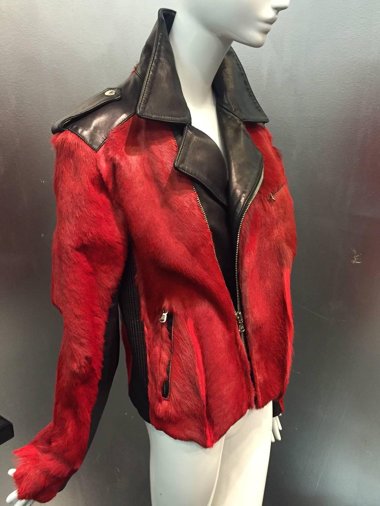 Dolce & Gabbana Red Goat Hide and Black Leather Motorcycle Jacket.  In New Condition In Gresham, OR