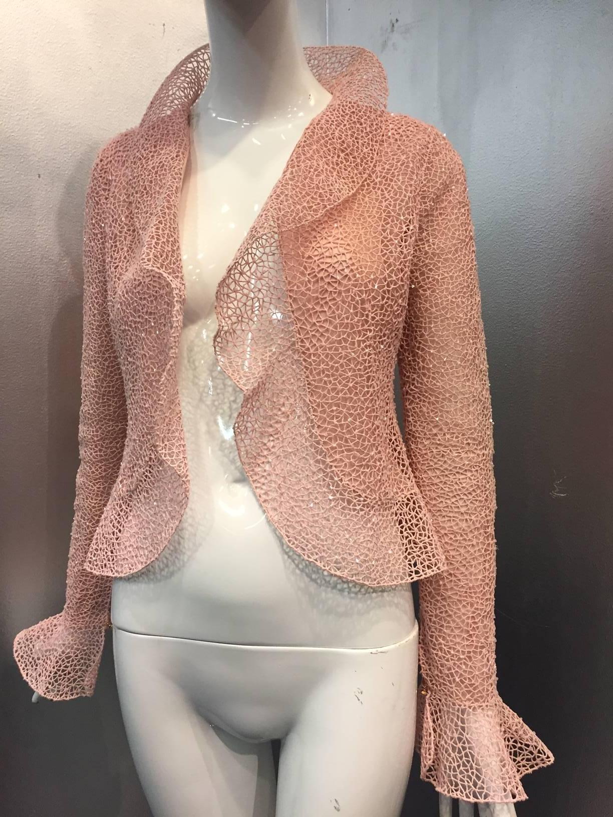 Women's Oscar de La Renta Pink Mesh Lace Cropped Jacket with Iridescent Scattered Beads