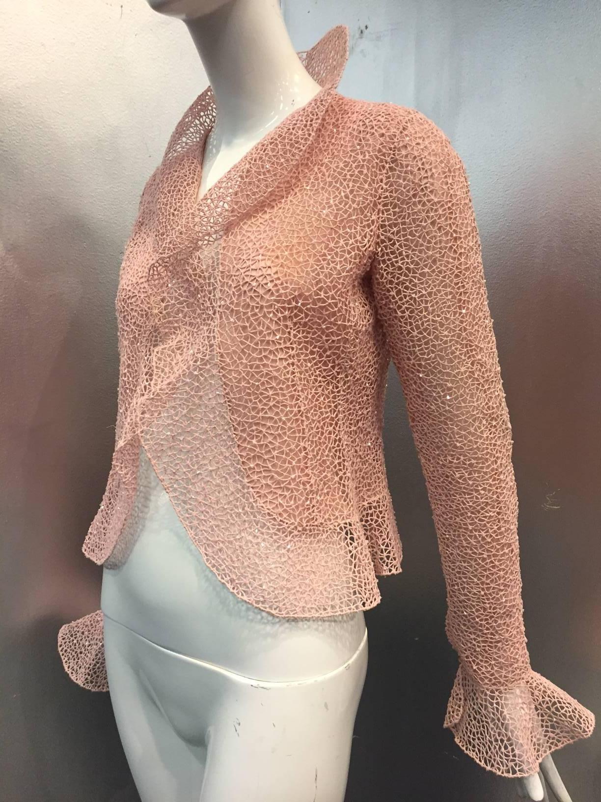 Brown Oscar de La Renta Pink Mesh Lace Cropped Jacket with Iridescent Scattered Beads