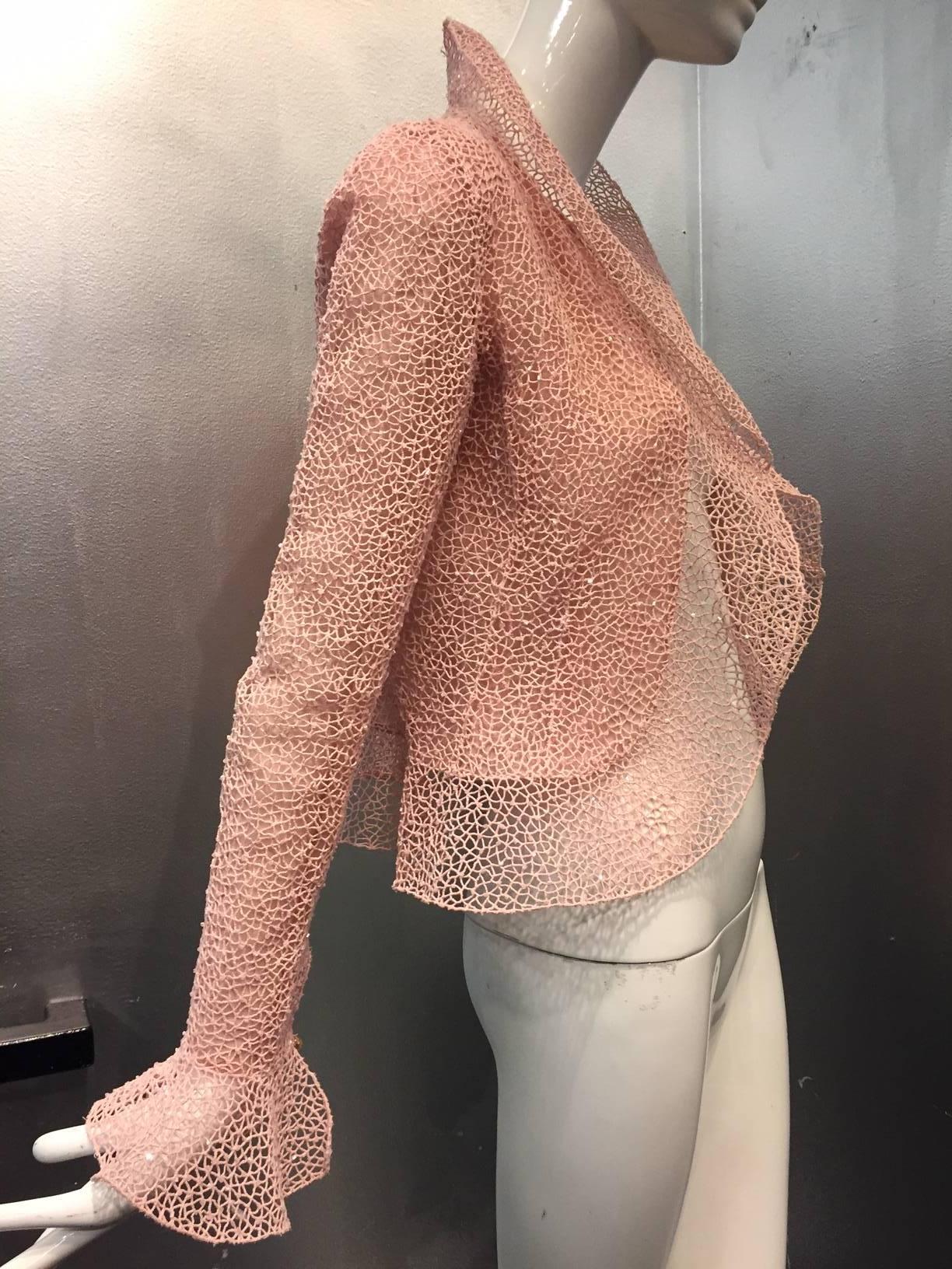 Oscar de La Renta Pink Mesh Lace Cropped Jacket with Iridescent Scattered Beads 2