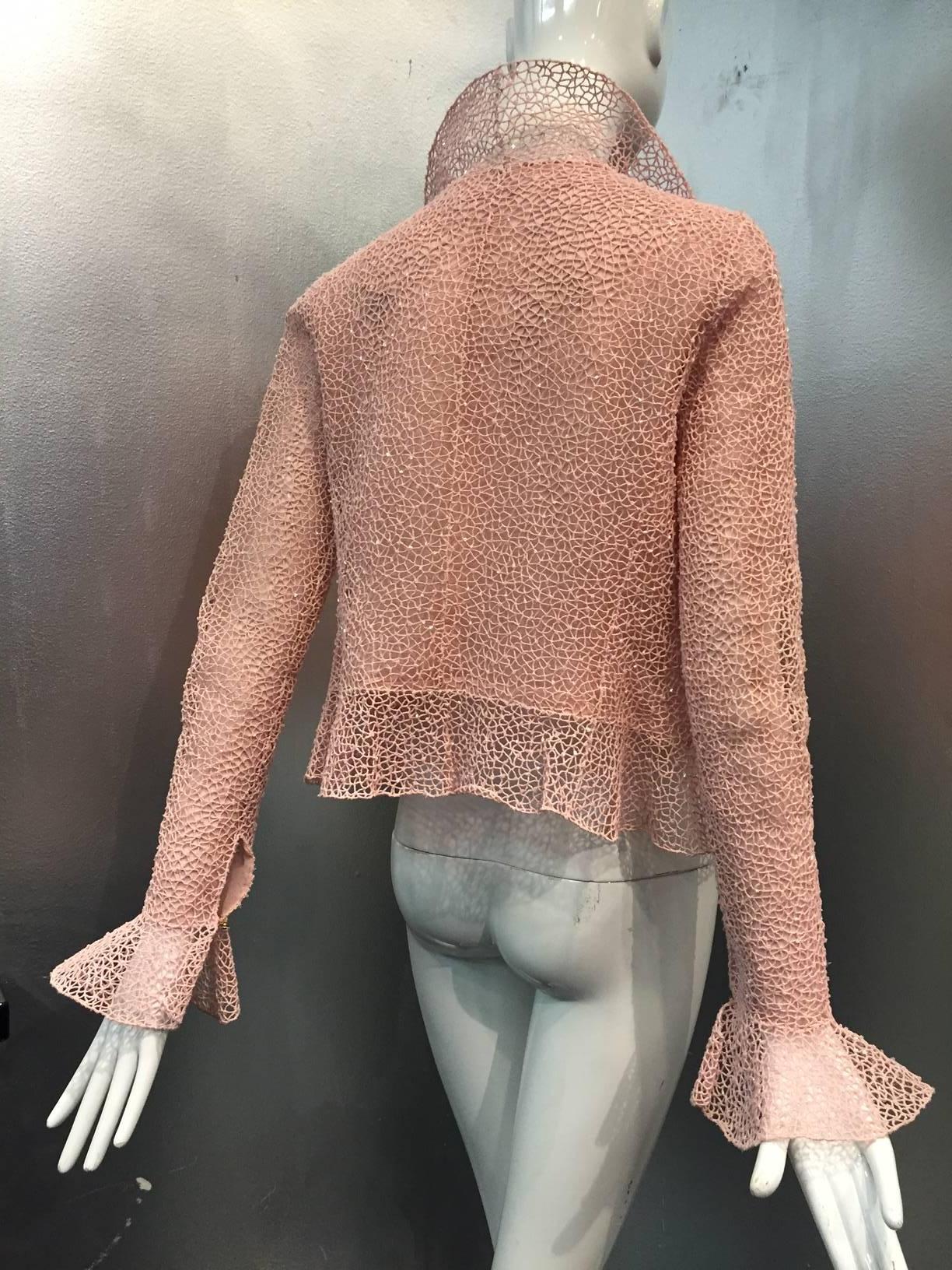 Oscar de La Renta Pink Mesh Lace Cropped Jacket with Iridescent Scattered Beads In Good Condition In Gresham, OR