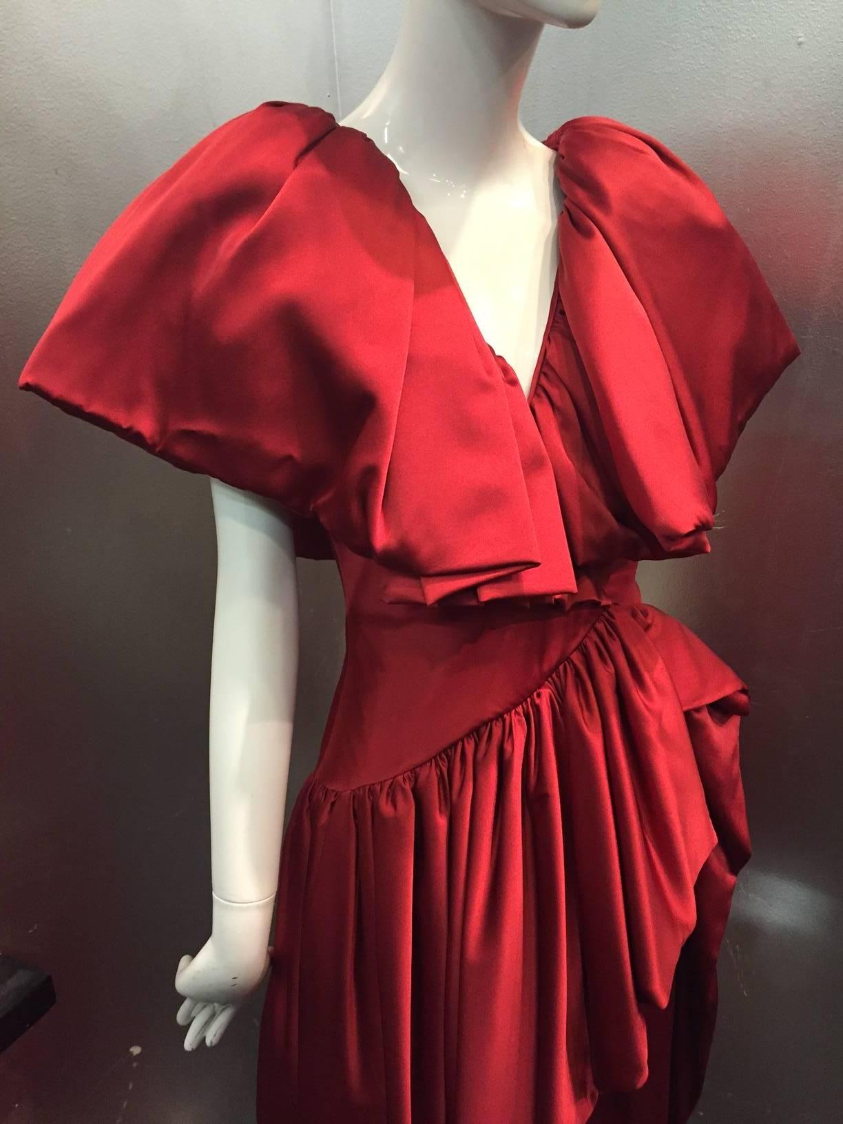 1980s British Scarlet Silk Satin Ruffled Evening Gown In Excellent Condition In Gresham, OR