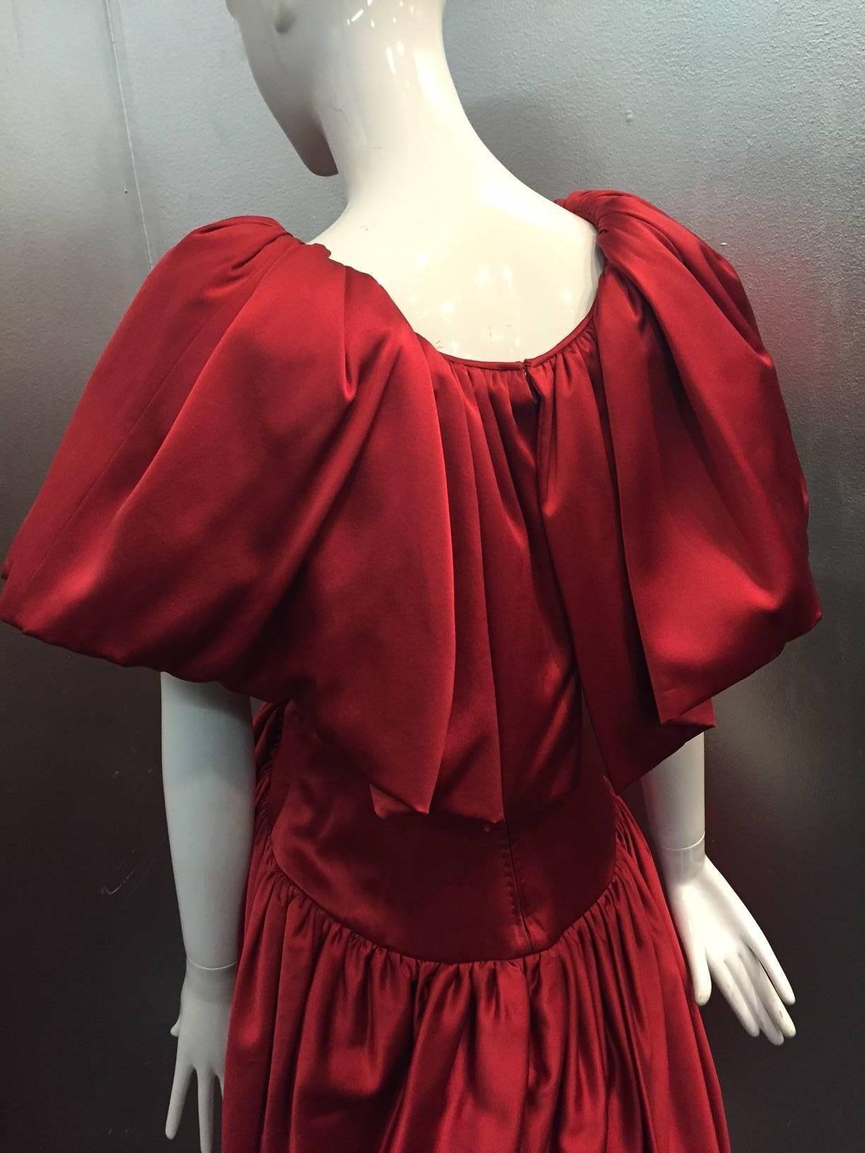 1980s British Scarlet Silk Satin Ruffled Evening Gown 1